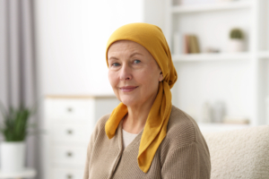 older woman with cancer, wearing a yellow scarf on her head, soft smile